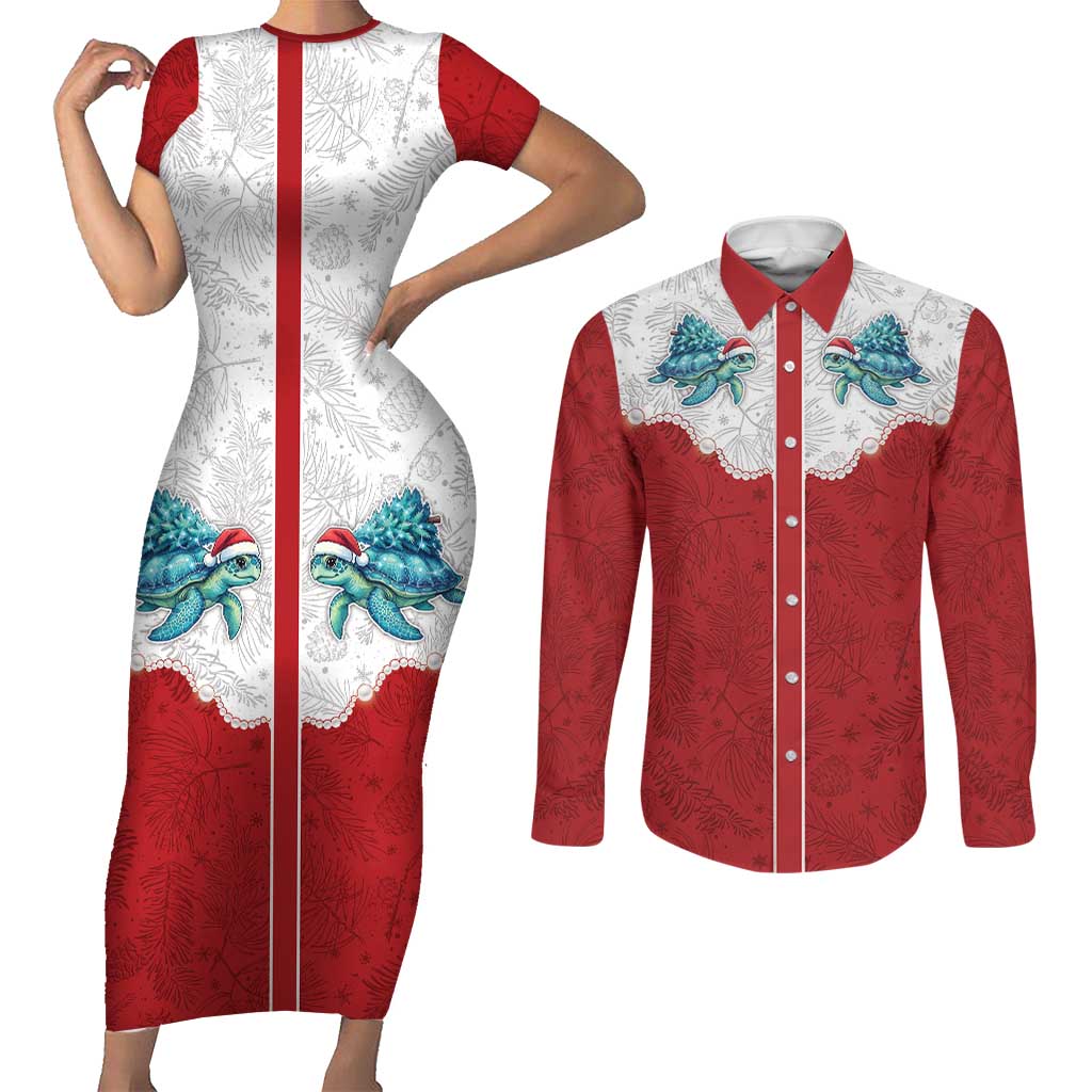Western Yoke Couples Matching Short Sleeve Bodycon Dress and Long Sleeve Button Shirt Turtle Going Home For Christmas - Wonder Print Shop