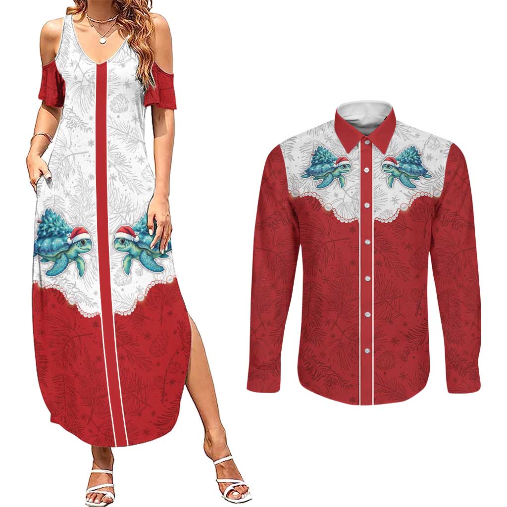 Western Yoke Couples Matching Summer Maxi Dress and Long Sleeve Button Shirt Turtle Going Home For Christmas - Wonder Print Shop