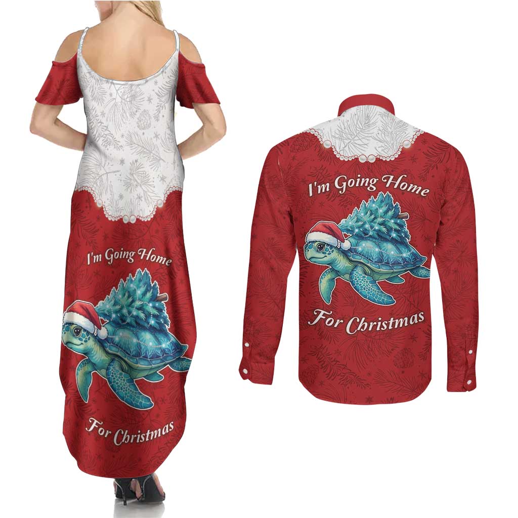 Western Yoke Couples Matching Summer Maxi Dress and Long Sleeve Button Shirt Turtle Going Home For Christmas - Wonder Print Shop