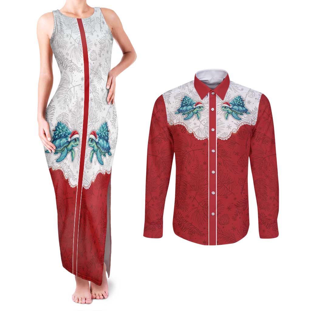 Western Yoke Couples Matching Tank Maxi Dress and Long Sleeve Button Shirt Turtle Going Home For Christmas - Wonder Print Shop