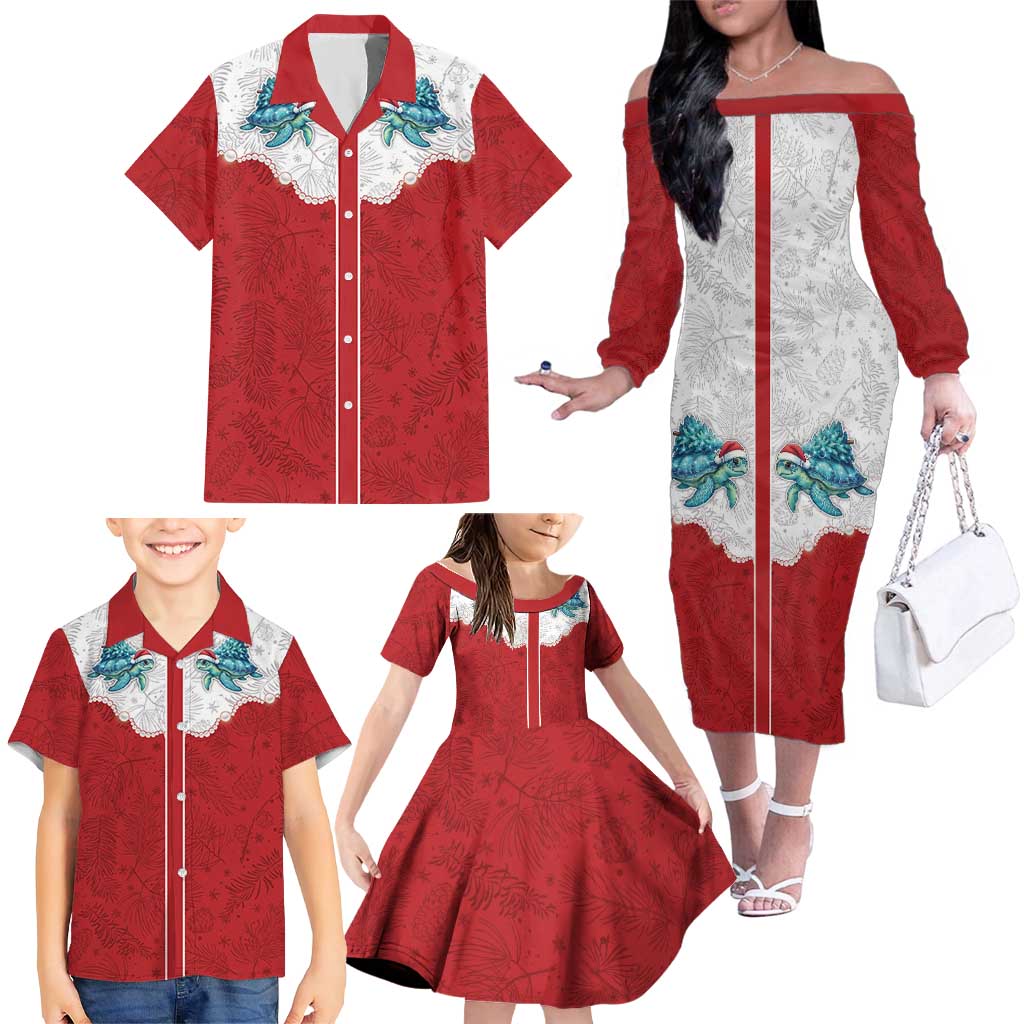 Western Yoke Family Matching Off The Shoulder Long Sleeve Dress and Hawaiian Shirt Turtle Going Home For Christmas - Wonder Print Shop