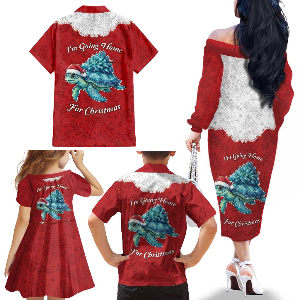 Western Yoke Family Matching Off The Shoulder Long Sleeve Dress and Hawaiian Shirt Turtle Going Home For Christmas - Wonder Print Shop