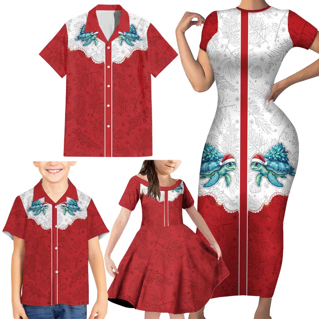 Western Yoke Family Matching Short Sleeve Bodycon Dress and Hawaiian Shirt Turtle Going Home For Christmas - Wonder Print Shop