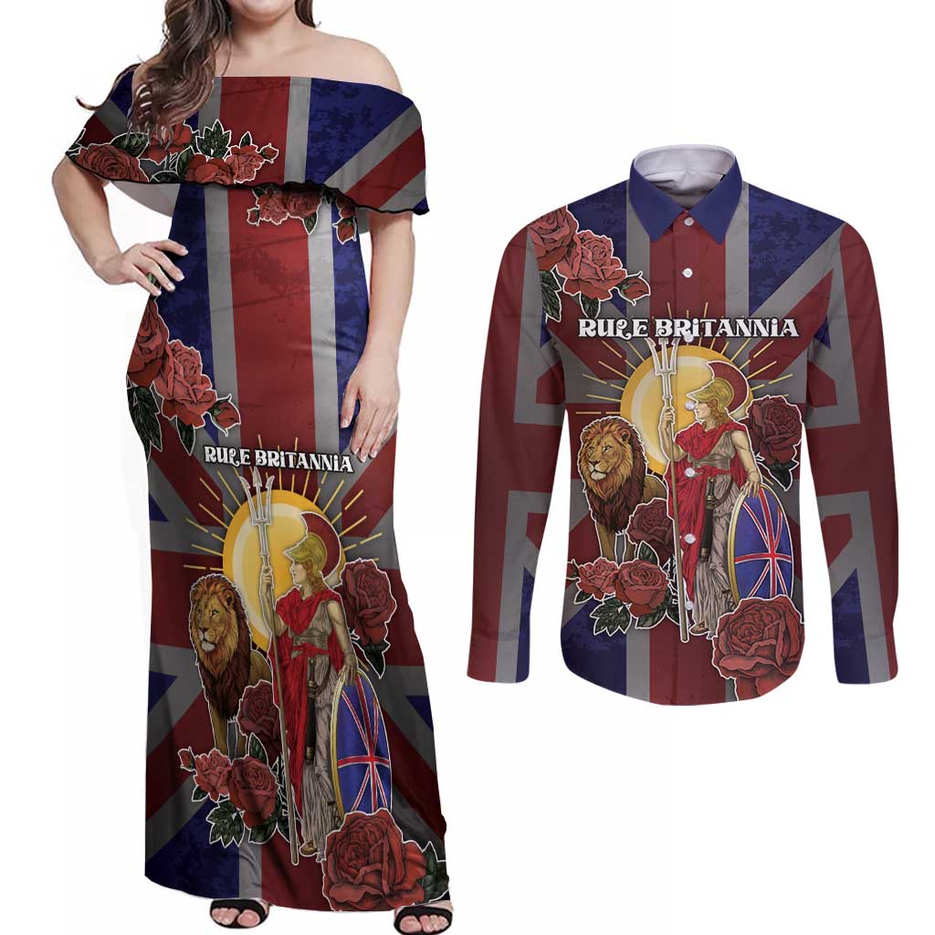 British Empire Couples Matching Off Shoulder Maxi Dress and Long Sleeve Button Shirt Rule Britannia - Wonder Print Shop
