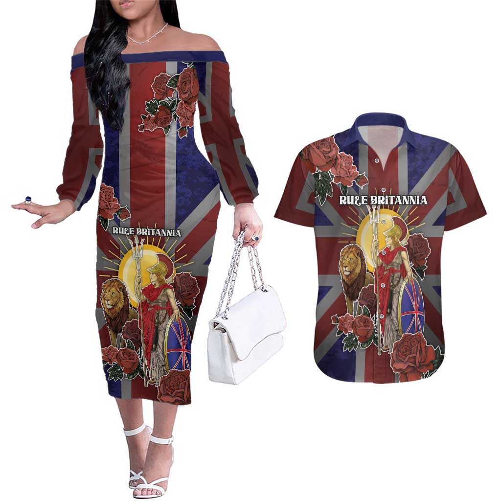 British Empire Couples Matching Off The Shoulder Long Sleeve Dress and Hawaiian Shirt Rule Britannia - Wonder Print Shop
