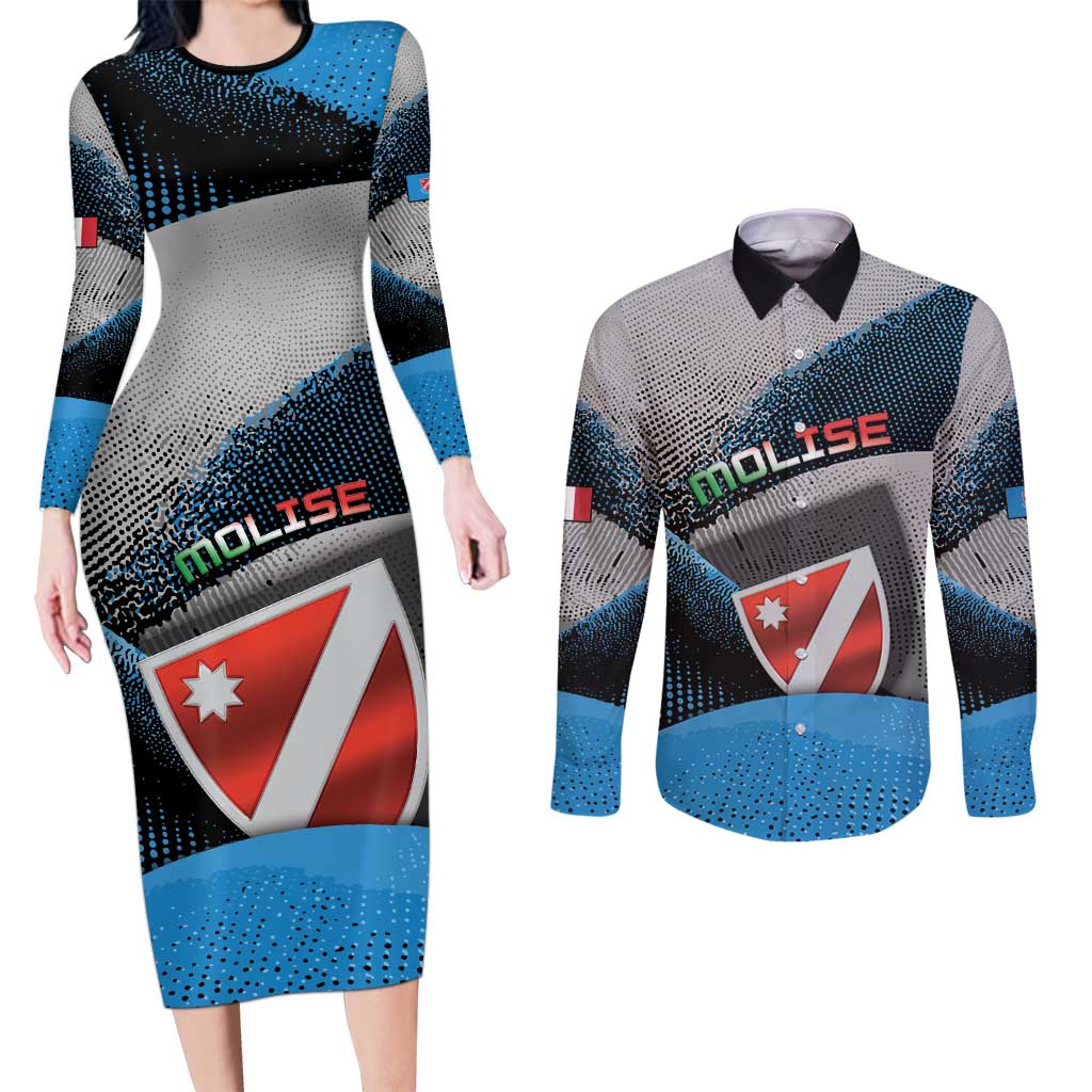 Personalized Italy Molise Couples Matching Long Sleeve Bodycon Dress and Long Sleeve Button Shirt Coat Of Arms With Dynamic Dot Patterns