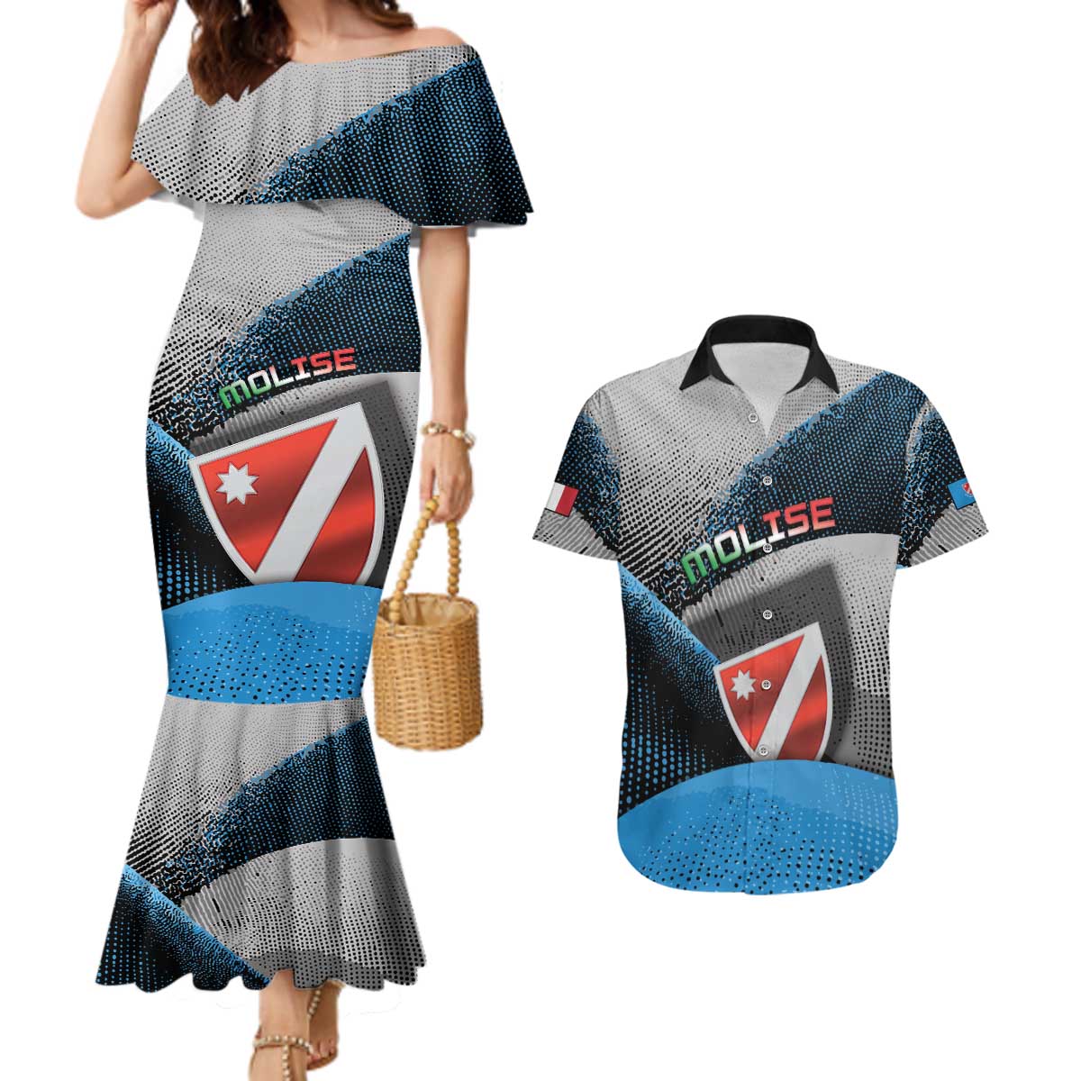 Personalized Italy Molise Couples Matching Mermaid Dress and Hawaiian Shirt Coat Of Arms With Dynamic Dot Patterns