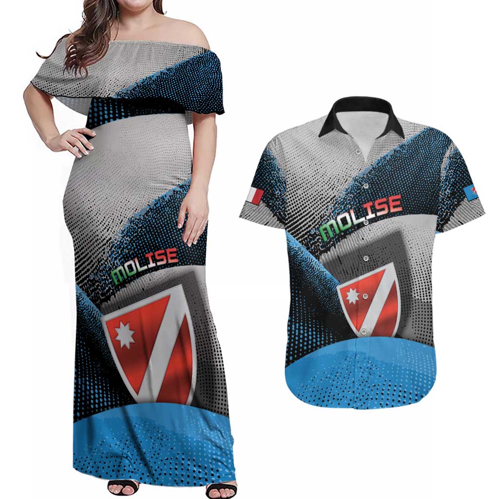 Personalized Italy Molise Couples Matching Off Shoulder Maxi Dress and Hawaiian Shirt Coat Of Arms With Dynamic Dot Patterns