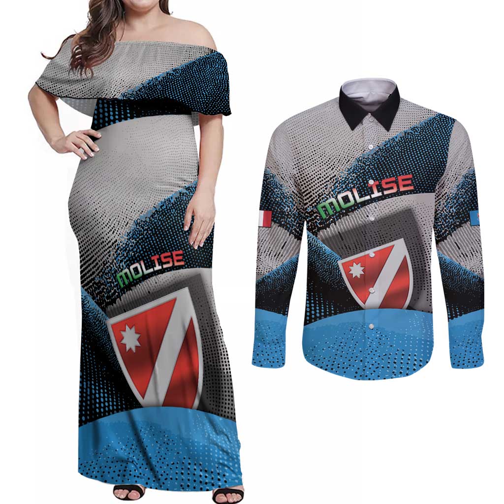 Personalized Italy Molise Couples Matching Off Shoulder Maxi Dress and Long Sleeve Button Shirt Coat Of Arms With Dynamic Dot Patterns