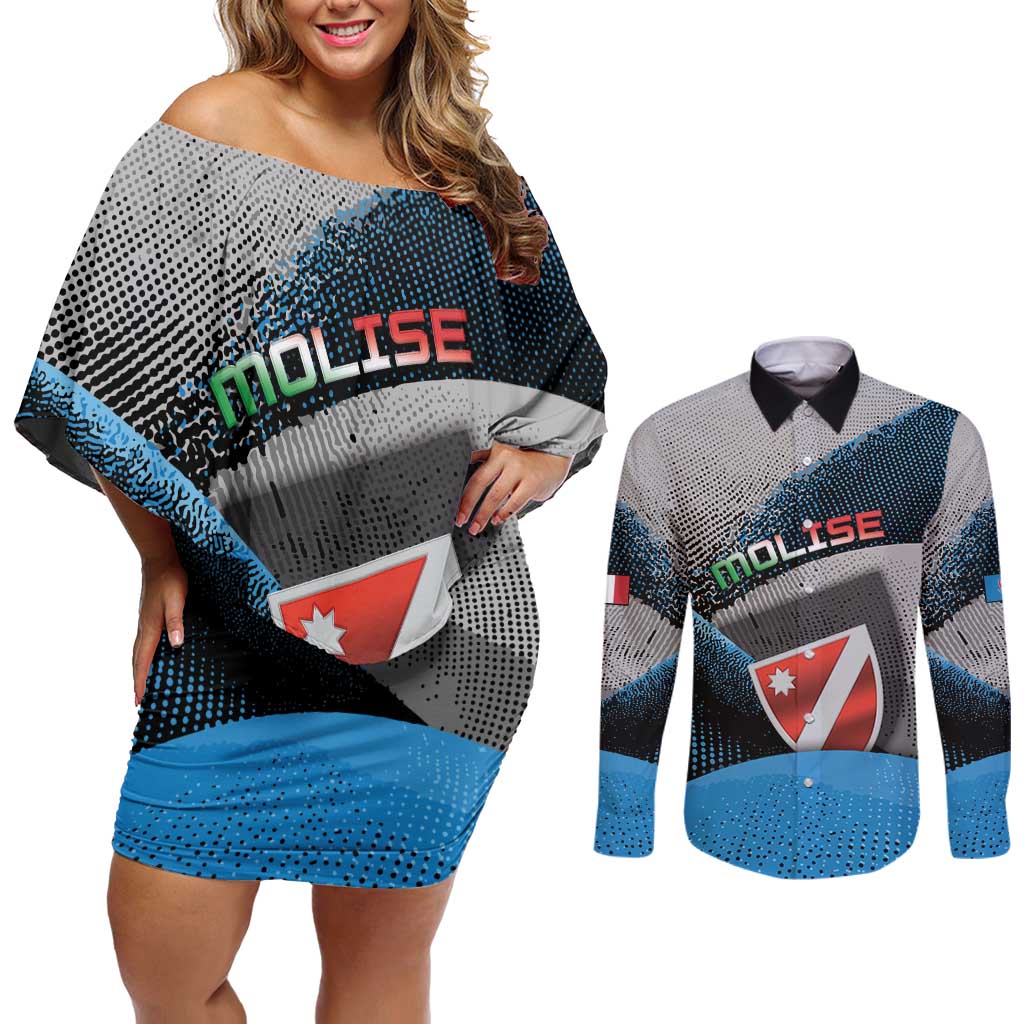 Personalized Italy Molise Couples Matching Off Shoulder Short Dress and Long Sleeve Button Shirt Coat Of Arms With Dynamic Dot Patterns
