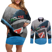 Personalized Italy Molise Couples Matching Off Shoulder Short Dress and Long Sleeve Button Shirt Coat Of Arms With Dynamic Dot Patterns