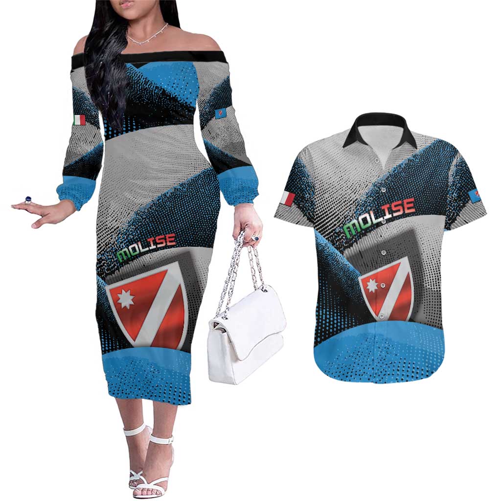 Personalized Italy Molise Couples Matching Off The Shoulder Long Sleeve Dress and Hawaiian Shirt Coat Of Arms With Dynamic Dot Patterns