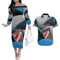 Personalized Italy Molise Couples Matching Off The Shoulder Long Sleeve Dress and Hawaiian Shirt Coat Of Arms With Dynamic Dot Patterns