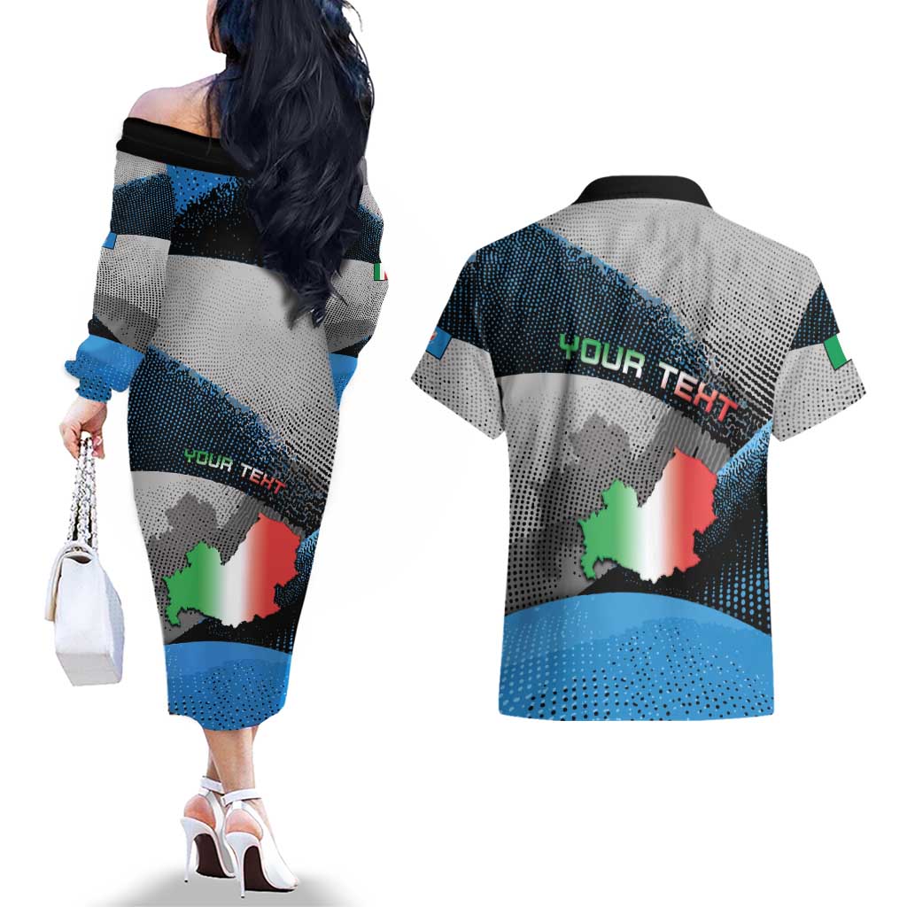 Personalized Italy Molise Couples Matching Off The Shoulder Long Sleeve Dress and Hawaiian Shirt Coat Of Arms With Dynamic Dot Patterns