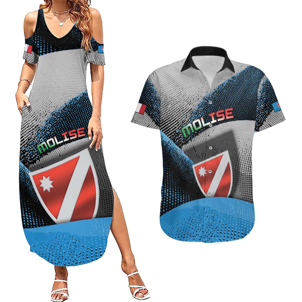 Personalized Italy Molise Couples Matching Summer Maxi Dress and Hawaiian Shirt Coat Of Arms With Dynamic Dot Patterns