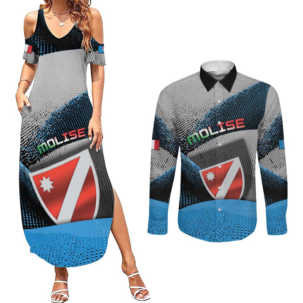 Personalized Italy Molise Couples Matching Summer Maxi Dress and Long Sleeve Button Shirt Coat Of Arms With Dynamic Dot Patterns