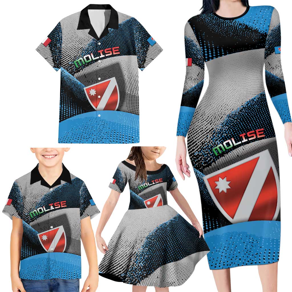 Personalized Italy Molise Family Matching Long Sleeve Bodycon Dress and Hawaiian Shirt Coat Of Arms With Dynamic Dot Patterns