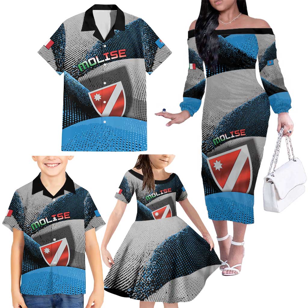Personalized Italy Molise Family Matching Off The Shoulder Long Sleeve Dress and Hawaiian Shirt Coat Of Arms With Dynamic Dot Patterns