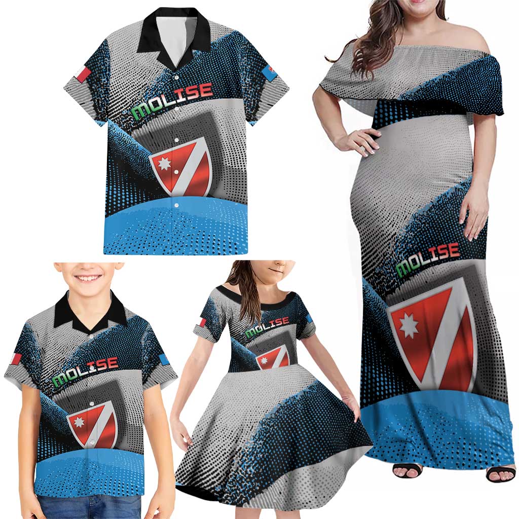 Personalized Italy Molise Family Matching Off Shoulder Maxi Dress and Hawaiian Shirt Coat Of Arms With Dynamic Dot Patterns