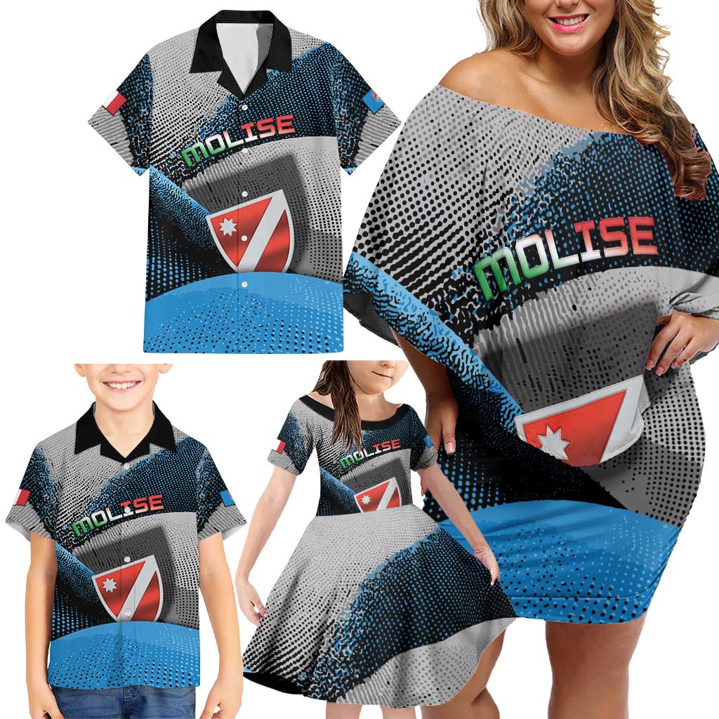 Personalized Italy Molise Family Matching Off Shoulder Short Dress and Hawaiian Shirt Coat Of Arms With Dynamic Dot Patterns
