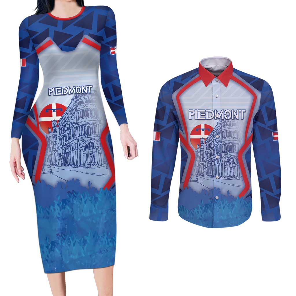 Custom Italy Piedmont Couples Matching Long Sleeve Bodycon Dress and Long Sleeve Button Shirt Capital Turin Urban Sketch