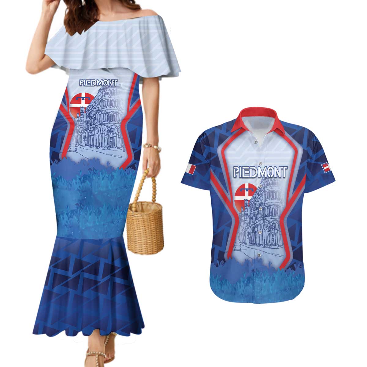 Custom Italy Piedmont Couples Matching Mermaid Dress and Hawaiian Shirt Capital Turin Urban Sketch