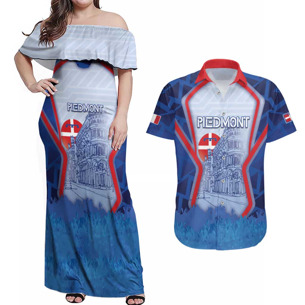 Custom Italy Piedmont Couples Matching Off Shoulder Maxi Dress and Hawaiian Shirt Capital Turin Urban Sketch