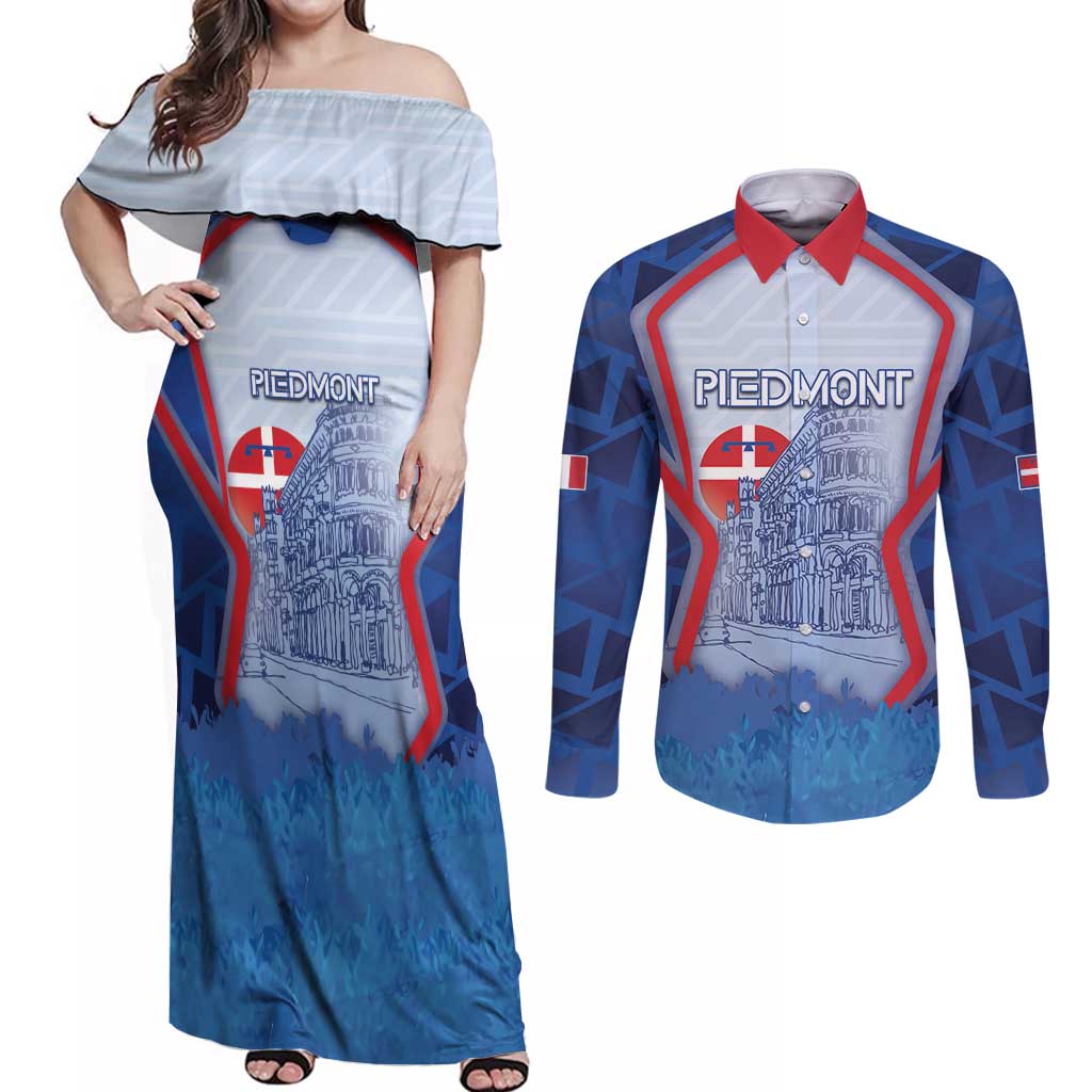 Custom Italy Piedmont Couples Matching Off Shoulder Maxi Dress and Long Sleeve Button Shirt Capital Turin Urban Sketch