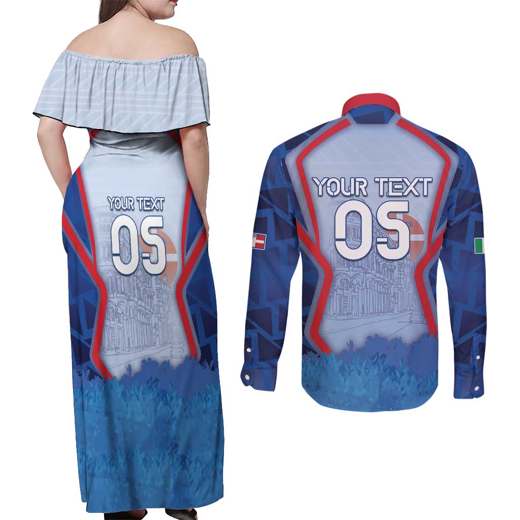 Custom Italy Piedmont Couples Matching Off Shoulder Maxi Dress and Long Sleeve Button Shirt Capital Turin Urban Sketch