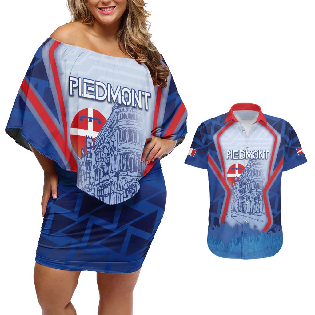 Custom Italy Piedmont Couples Matching Off Shoulder Short Dress and Hawaiian Shirt Capital Turin Urban Sketch