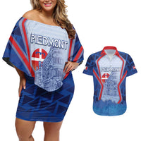 Custom Italy Piedmont Couples Matching Off Shoulder Short Dress and Hawaiian Shirt Capital Turin Urban Sketch