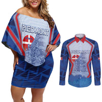 Custom Italy Piedmont Couples Matching Off Shoulder Short Dress and Long Sleeve Button Shirt Capital Turin Urban Sketch