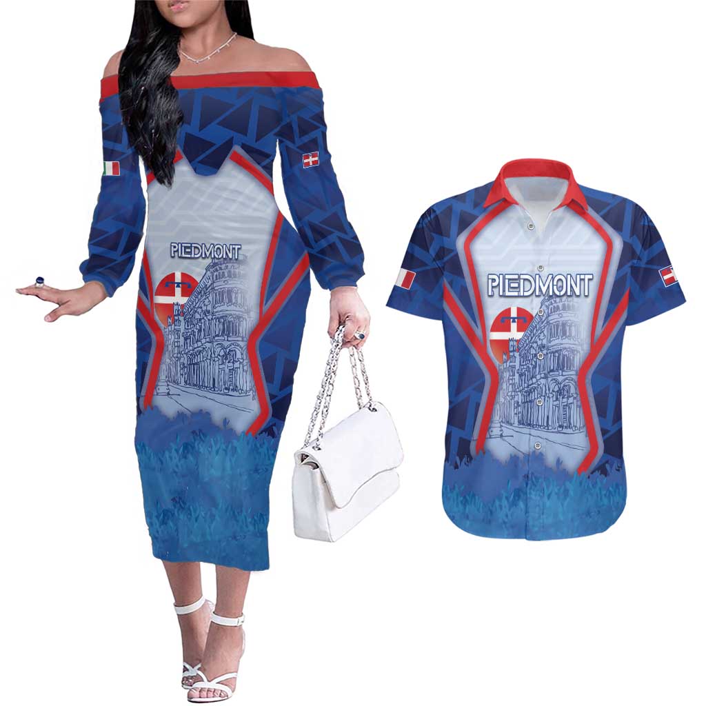 Custom Italy Piedmont Couples Matching Off The Shoulder Long Sleeve Dress and Hawaiian Shirt Capital Turin Urban Sketch
