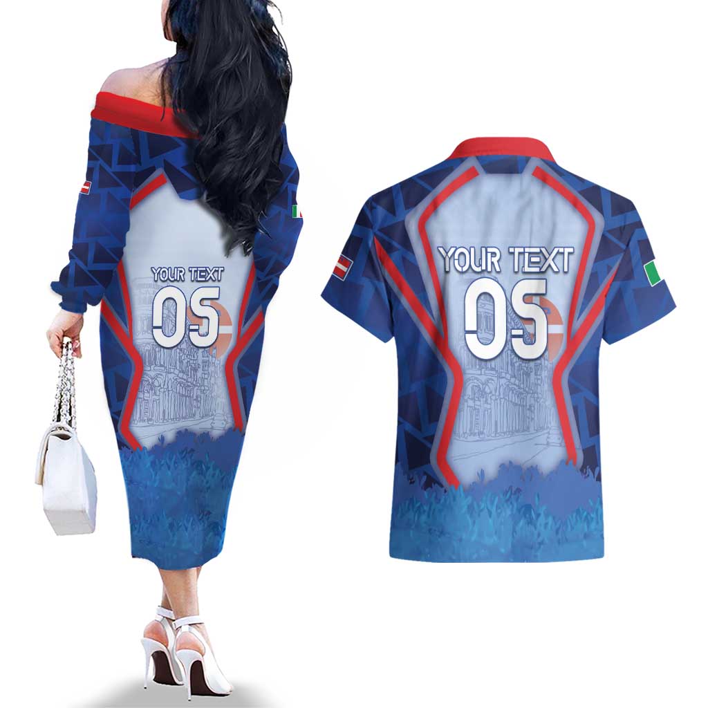 Custom Italy Piedmont Couples Matching Off The Shoulder Long Sleeve Dress and Hawaiian Shirt Capital Turin Urban Sketch
