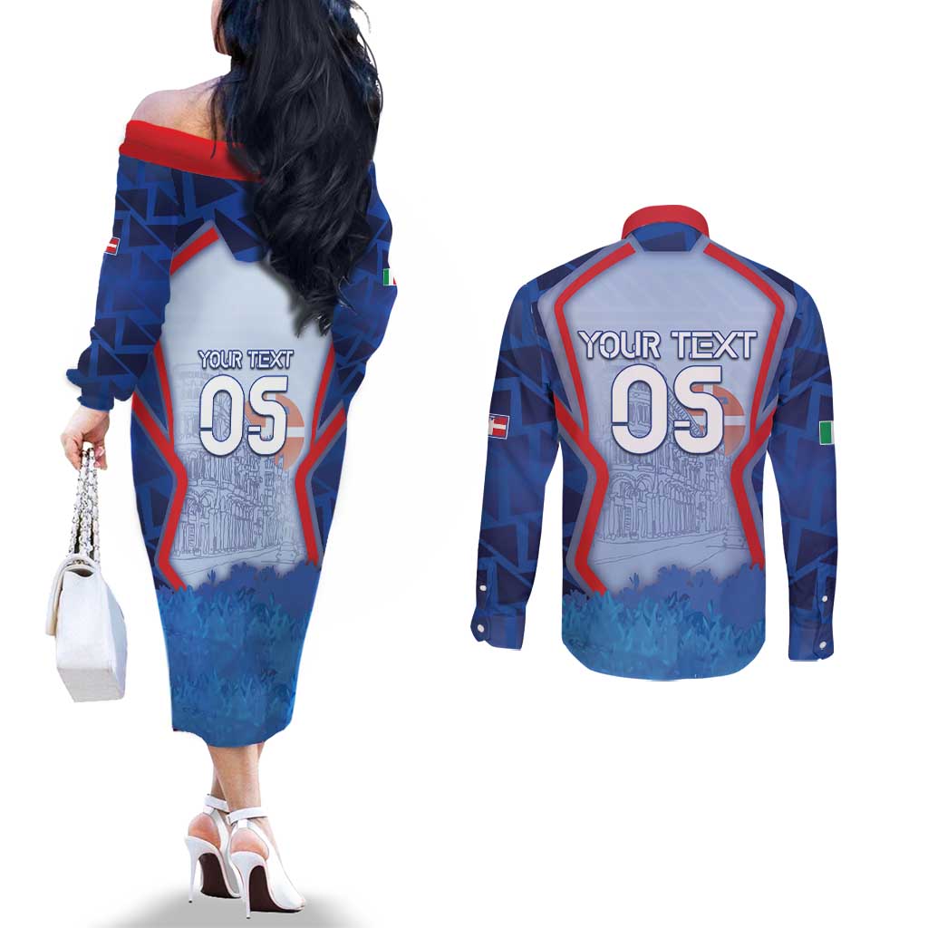Custom Italy Piedmont Couples Matching Off The Shoulder Long Sleeve Dress and Long Sleeve Button Shirt Capital Turin Urban Sketch