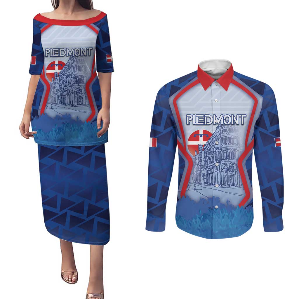 Custom Italy Piedmont Couples Matching Puletasi and Long Sleeve Button Shirt Capital Turin Urban Sketch