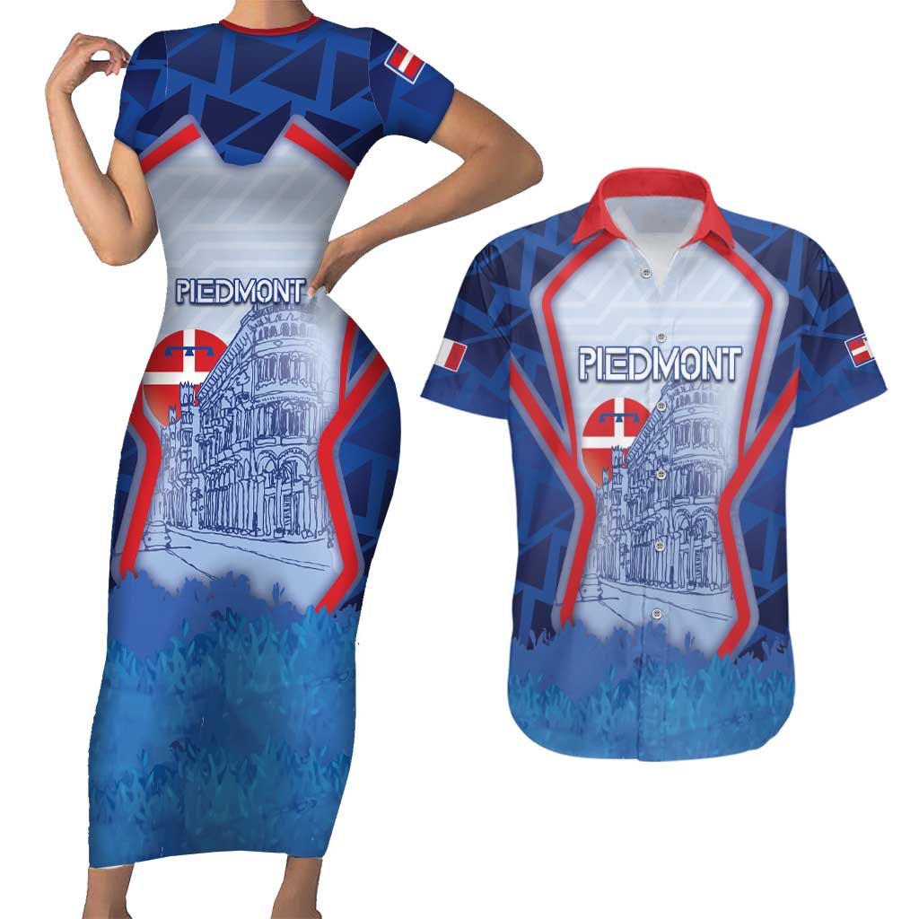 Custom Italy Piedmont Couples Matching Short Sleeve Bodycon Dress and Hawaiian Shirt Capital Turin Urban Sketch