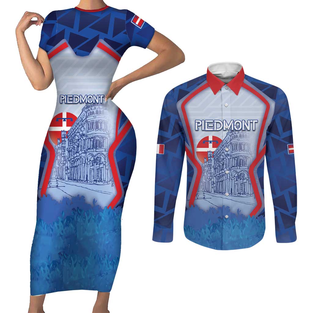 Custom Italy Piedmont Couples Matching Short Sleeve Bodycon Dress and Long Sleeve Button Shirt Capital Turin Urban Sketch