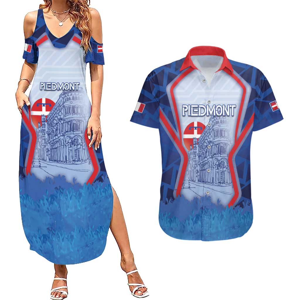 Custom Italy Piedmont Couples Matching Summer Maxi Dress and Hawaiian Shirt Capital Turin Urban Sketch