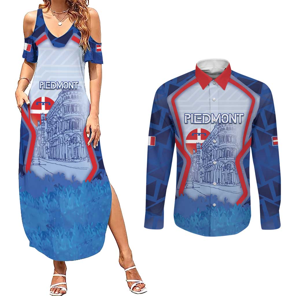 Custom Italy Piedmont Couples Matching Summer Maxi Dress and Long Sleeve Button Shirt Capital Turin Urban Sketch