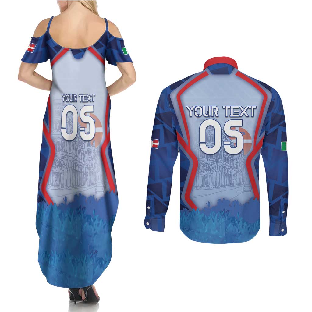Custom Italy Piedmont Couples Matching Summer Maxi Dress and Long Sleeve Button Shirt Capital Turin Urban Sketch