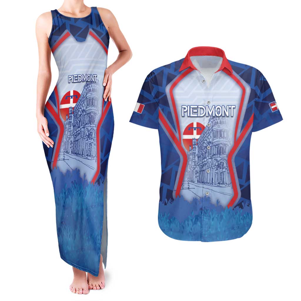 Custom Italy Piedmont Couples Matching Tank Maxi Dress and Hawaiian Shirt Capital Turin Urban Sketch