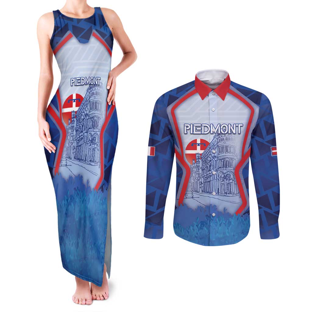 Custom Italy Piedmont Couples Matching Tank Maxi Dress and Long Sleeve Button Shirt Capital Turin Urban Sketch