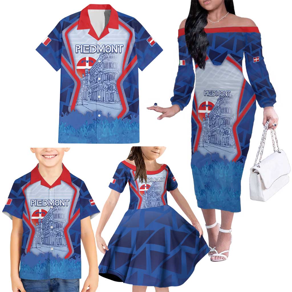 Custom Italy Piedmont Family Matching Off The Shoulder Long Sleeve Dress and Hawaiian Shirt Capital Turin Urban Sketch
