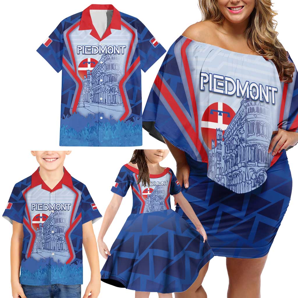 Custom Italy Piedmont Family Matching Off Shoulder Short Dress and Hawaiian Shirt Capital Turin Urban Sketch
