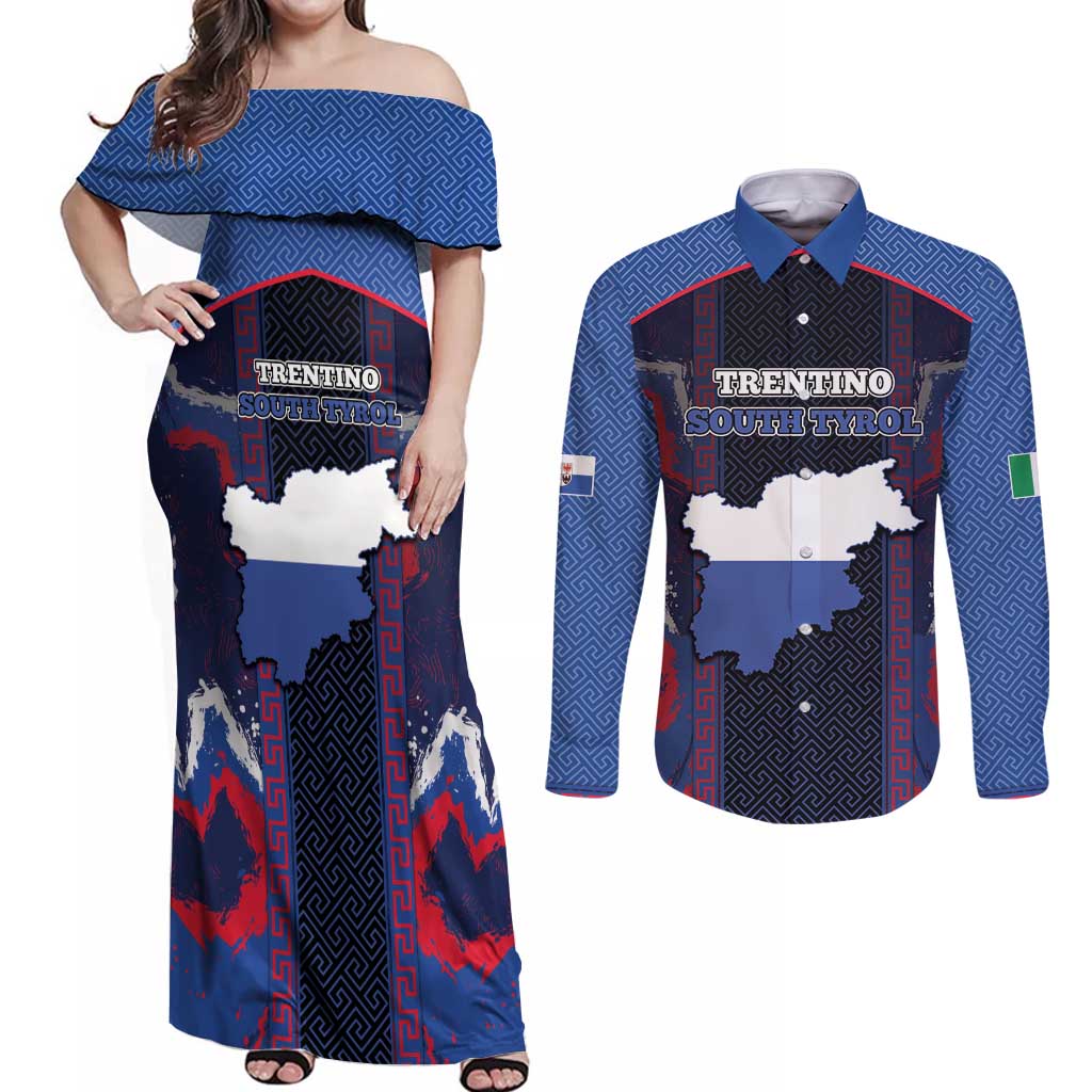 Personalized Italy Trentino-South Tyrol Couples Matching Off Shoulder Maxi Dress and Long Sleeve Button Shirt Coat Of Arms Eagle And Roman Patterns