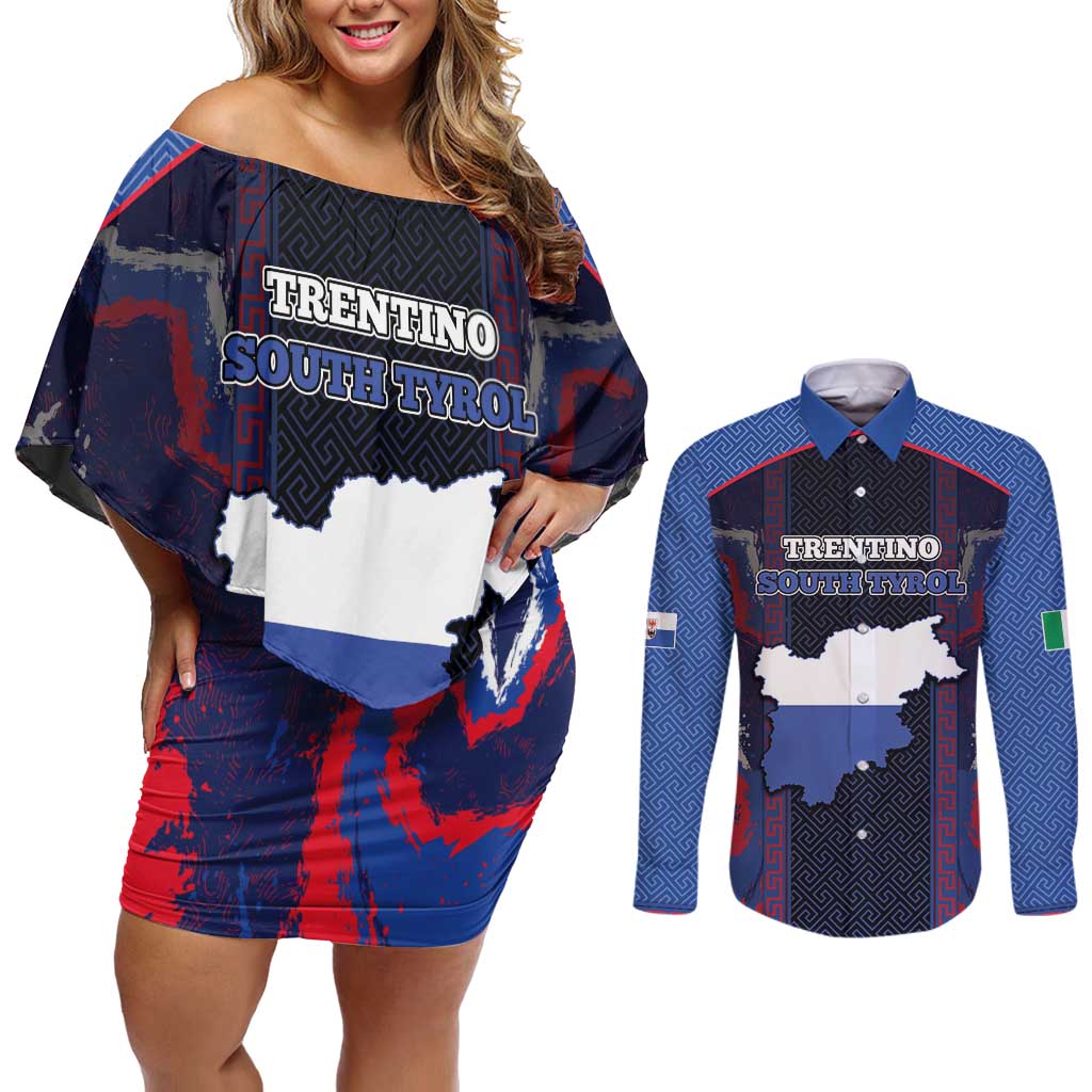 Personalized Italy Trentino-South Tyrol Couples Matching Off Shoulder Short Dress and Long Sleeve Button Shirt Coat Of Arms Eagle And Roman Patterns