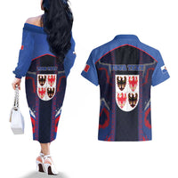 Personalized Italy Trentino-South Tyrol Couples Matching Off The Shoulder Long Sleeve Dress and Hawaiian Shirt Coat Of Arms Eagle And Roman Patterns