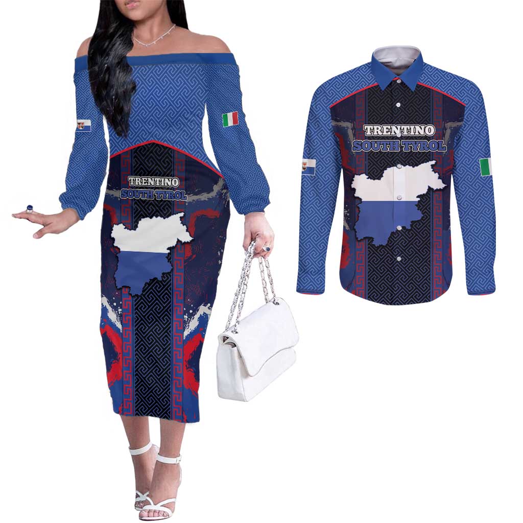 Personalized Italy Trentino-South Tyrol Couples Matching Off The Shoulder Long Sleeve Dress and Long Sleeve Button Shirt Coat Of Arms Eagle And Roman Patterns