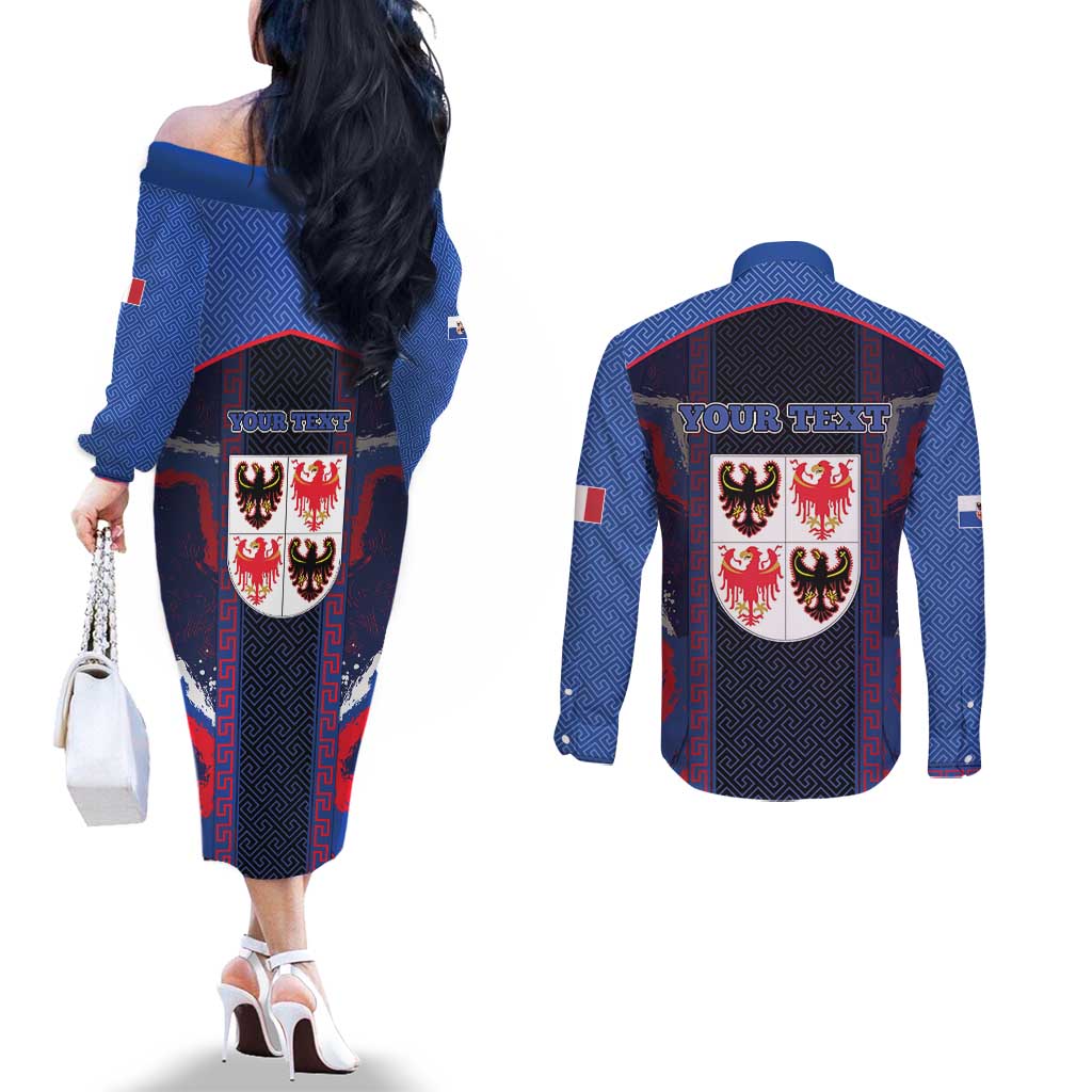 Personalized Italy Trentino-South Tyrol Couples Matching Off The Shoulder Long Sleeve Dress and Long Sleeve Button Shirt Coat Of Arms Eagle And Roman Patterns